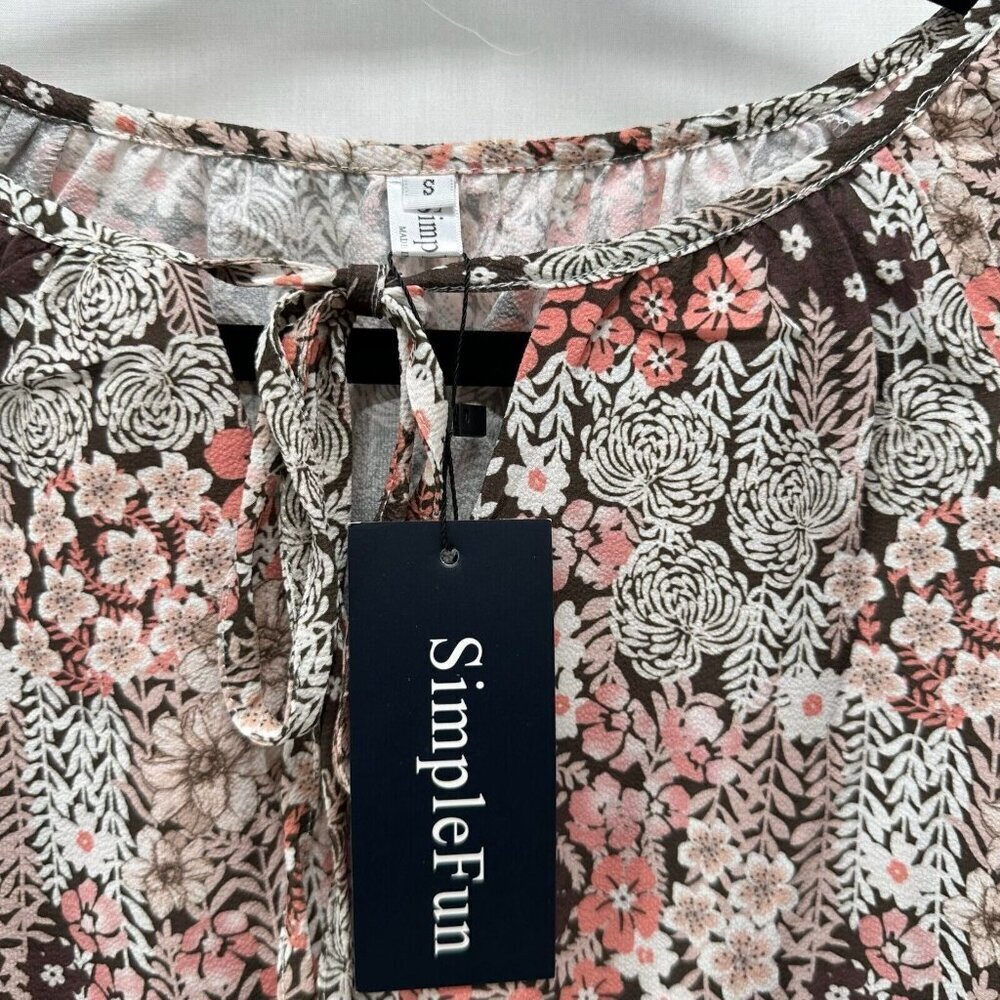 Simple Fun Top Womens Sz S Peasant Blouse Floral Tie Neck Long Sleeve Brown/Pink - Picture 7 of 11